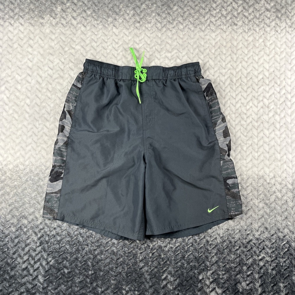 Nike Mens Trunks Swim Shorts Gray Camo Drawstring Lined Green Stripe Medium